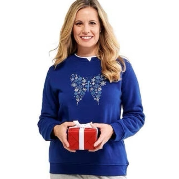 Hasting & Smith Embroidered Snowflake Butterfly Crewneck Sweatshirt Size L NWT - Picture 1 of 16